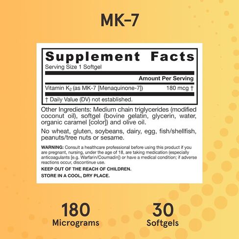 Jarrow Formulas MK-7 180 mcg - Bioactive Form of Vitamin K2 - 30 Servings (Softgels) - For Bone & Cardiovascular Health - Vitamin K2 MK-7 Dietary Supplement - K2 Vitamin Supplement MK-7 - Gluten Free in Saudi Arabia