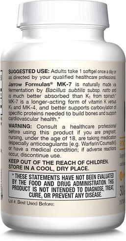 Jarrow Formulas MK-7 180 mcg - Bioactive Form of Vitamin K2 - 30 Servings (Softgels) - For Bone & Cardiovascular Health - Vitamin K2 MK-7 Dietary Supplement - K2 Vitamin Supplement MK-7 - Gluten Free in Saudi Arabia