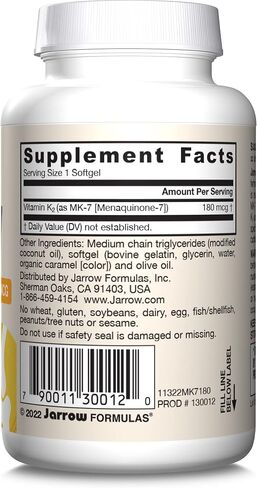 Jarrow Formulas MK-7 180 mcg - Bioactive Form of Vitamin K2 - 30 Servings (Softgels) - For Bone & Cardiovascular Health - Vitamin K2 MK-7 Dietary Supplement - K2 Vitamin Supplement MK-7 - Gluten Free in Saudi Arabia