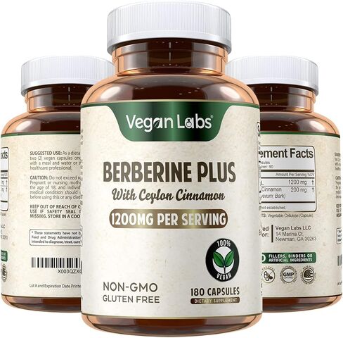 Vegan Labs Berberine HCL 1200MG مع قرفة سيلان عضوية - 180 كبسولة نباتية - تدعم استقلاب الجلوكوز والجهاز المناعي in Kuwait