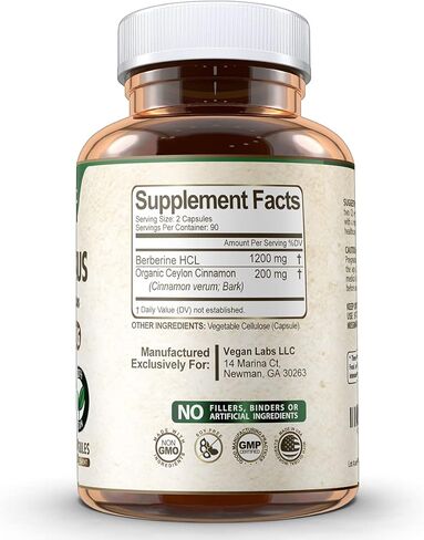 Vegan Labs Berberine HCL 1200MG مع قرفة سيلان عضوية - 180 كبسولة نباتية - تدعم استقلاب الجلوكوز والجهاز المناعي in Kuwait