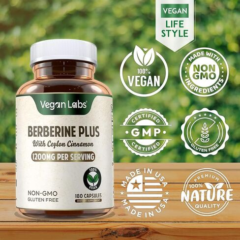 Vegan Labs Berberine HCL 1200MG مع قرفة سيلان عضوية - 180 كبسولة نباتية - تدعم استقلاب الجلوكوز والجهاز المناعي in Kuwait