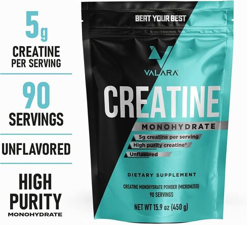 Valara Creatine Monohydrate Micronized Powder 450g, 90 Servings, 5000mg Per Serv (5g) Unflavored, Vegan and Keto Friendly in Saudi Arabia