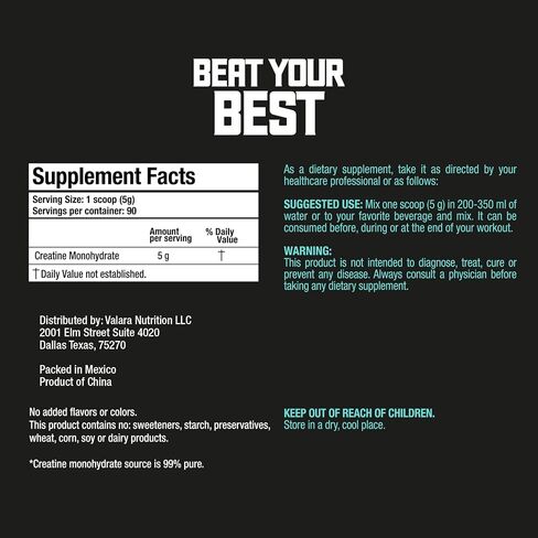 Valara Creatine Monohydrate Micronized Powder 450g, 90 Servings, 5000mg Per Serv (5g) Unflavored, Vegan and Keto Friendly in Saudi Arabia