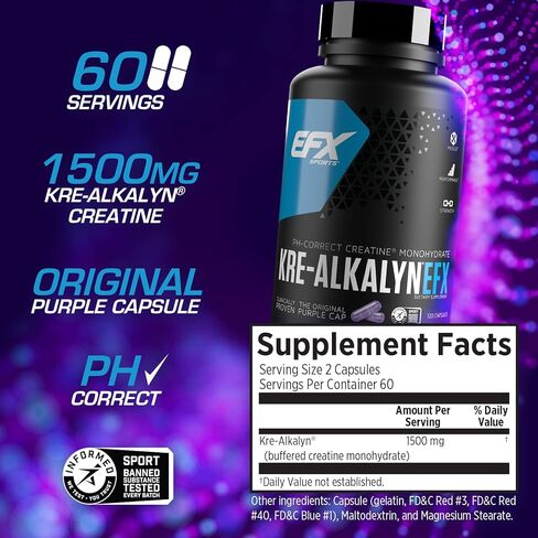 EFX Sports Kre-Alkalyn EFX | مكمل حبوب الكرياتين مونوهيدراتي الصحيح لدرجة الحموضة | القوة ونمو العضلات والأداء | 60 حصة، 120 كبسولة in Kuwait