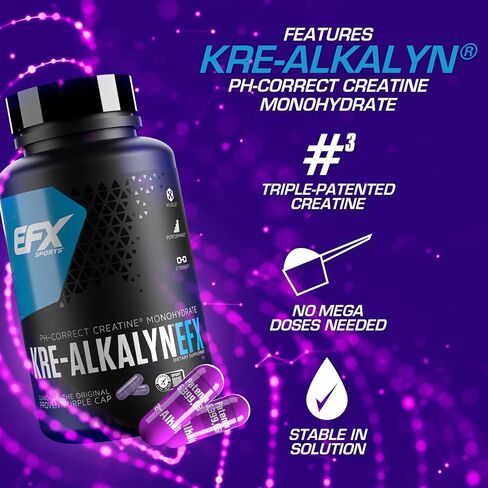 EFX Sports Kre-Alkalyn EFX | مكمل حبوب الكرياتين مونوهيدراتي الصحيح لدرجة الحموضة | القوة ونمو العضلات والأداء | 60 حصة، 120 كبسولة in Kuwait