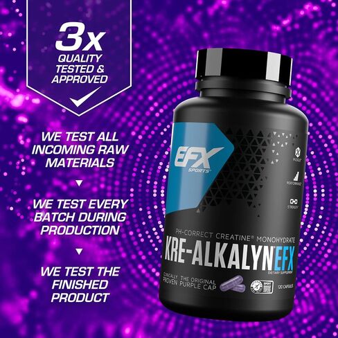 EFX Sports Kre-Alkalyn EFX | مكمل حبوب الكرياتين مونوهيدراتي الصحيح لدرجة الحموضة | القوة ونمو العضلات والأداء | 60 حصة، 120 كبسولة in Kuwait