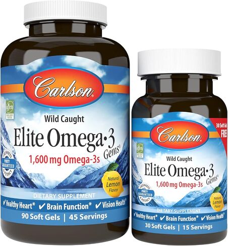Carlson - Elite Omega-3 Gems، 1600 مجم من الأحماض الدهنية بما في ذلك EPA وDHA، مكمل زيت السمك النرويجي المصطاد من البرية، كبسولات أوميجا 3 من مصادر مستدامة، ليمون، 90+30 كبسولة هلامية in Saudi Arabia