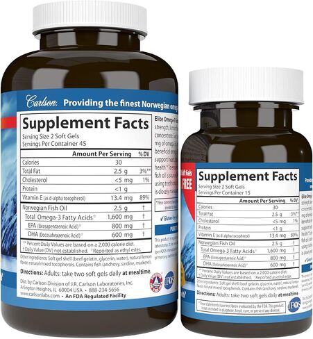 Carlson - Elite Omega-3 Gems، 1600 مجم من الأحماض الدهنية بما في ذلك EPA وDHA، مكمل زيت السمك النرويجي المصطاد من البرية، كبسولات أوميجا 3 من مصادر مستدامة، ليمون، 90+30 كبسولة هلامية in Saudi Arabia
