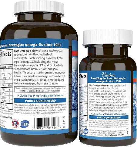 Carlson - Elite Omega-3 Gems، 1600 مجم من الأحماض الدهنية بما في ذلك EPA وDHA، مكمل زيت السمك النرويجي المصطاد من البرية، كبسولات أوميجا 3 من مصادر مستدامة، ليمون، 90+30 كبسولة هلامية in Saudi Arabia