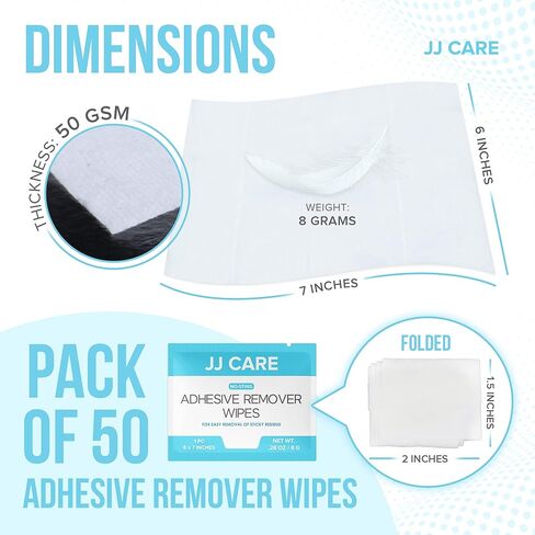 JJ CARE Adhesive Remover Wipes [Pack of 50] 6"x7" Large Stoma Wipes - Medical Adhesive Remover Wipes - Sting Free Adhesive Remover Wipes for Skin Ostomy, Colostomy Devices, Dressings and Medical Tapes in Saudi Arabia