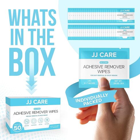 JJ CARE Adhesive Remover Wipes [Pack of 50] 6"x7" Large Stoma Wipes - Medical Adhesive Remover Wipes - Sting Free Adhesive Remover Wipes for Skin Ostomy, Colostomy Devices, Dressings and Medical Tapes in Saudi Arabia