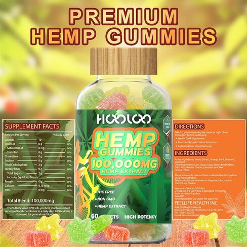 HOOLOO Hemp Sleep Gummies نباتي عالي الفعالية مملوء بزيت القنب 800.000 مجم - 120 قيراط فاكهي - دببة القنب الصمغية لأوقات النوم والتركيز والهدوء - صنع في الولايات المتحدة الأمريكية in Kuwait