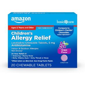 Amazon Basic Care لتخفيف حساسية الأطفال، أقراص لوراتادين القابلة للمضغ، 5 مجم، دواء لمدة 24 ساعة، بنكهة العنب، 40 قرصًا in Kuwait