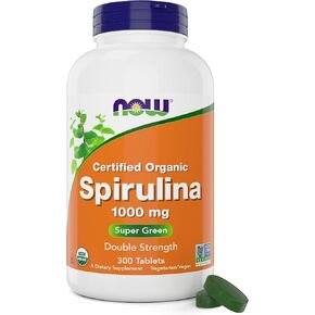 NOW Foods Organic Spirulina 1000mg Tablets - 300 Count - Non-GMO, Super Green Whole Food Supplement - Double Strength 1000 mg - Naturally Occurring Beta-Carotene (VIT A), B-12 and GLA in Saudi Arabia