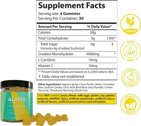 علكة الكرياتين من Alafia Naturals - علكات الكرياتين مونوهيدرات للرجال والنساء، 4 جرام من الكرياتين لكل وجبة، قبل وبعد التمرين، زيادة القوة، بناء العضلات، تقصير فترة التعافي، خالية من السكر، 120 قيراط in Kuwait