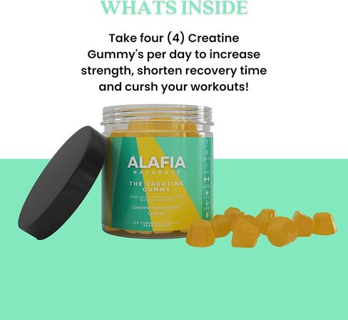 علكة الكرياتين من Alafia Naturals - علكات الكرياتين مونوهيدرات للرجال والنساء، 4 جرام من الكرياتين لكل وجبة، قبل وبعد التمرين، زيادة القوة، بناء العضلات، تقصير فترة التعافي، خالية من السكر، 120 قيراط in Kuwait