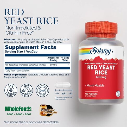 SOLARAY Red Yeast Rice 600mg Healthy Heart & Cardiovascular System Support, Non-Irradiated & No Citrinin, Lab Verified, 120 VegCaps in Kuwait