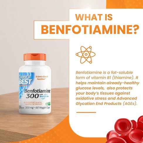 Doctor's Best Benfotiamine 300 with BenfoPure, Helps Maintain Healthy Glucose Metabolism, Non-GMO, Vegan, Gluten Free, Soy Free, 300 mg, 60 Veggie Caps in Saudi Arabia