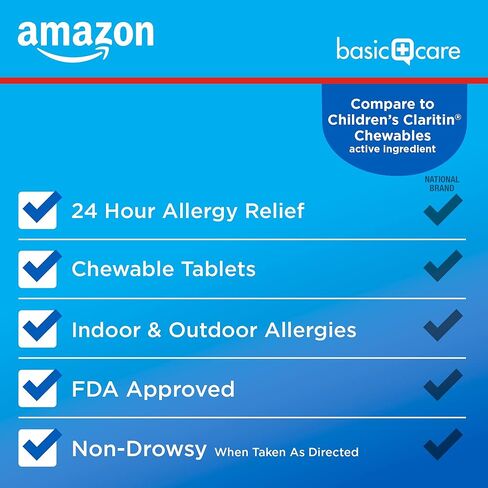 Amazon Basic Care لتخفيف حساسية الأطفال، أقراص لوراتادين القابلة للمضغ، 5 مجم، دواء لمدة 24 ساعة، بنكهة العنب، 40 قرصًا in Kuwait