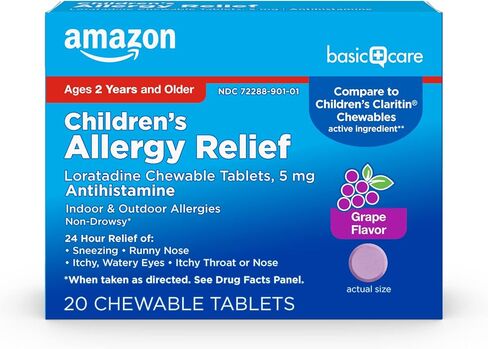 Amazon Basic Care لتخفيف حساسية الأطفال، أقراص لوراتادين القابلة للمضغ، 5 مجم، دواء لمدة 24 ساعة، بنكهة العنب، 40 قرصًا in Kuwait