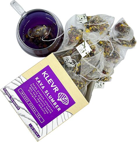 Klevr Tea Kava Slumber - شاي الكافا الكافا ذو القوة الإضافية وقت النوم يعزز الهدوء والاسترخاء - مزيج لذيذ من التوت الحلو واللافندر العطري والكافا - 15 كيسًا قابلاً لإعادة الاستخدام لتحضير 30 كوبًا أزرقًا in Kuwait