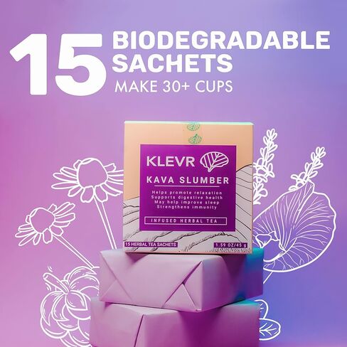 Klevr Tea Kava Slumber - شاي الكافا الكافا ذو القوة الإضافية وقت النوم يعزز الهدوء والاسترخاء - مزيج لذيذ من التوت الحلو واللافندر العطري والكافا - 15 كيسًا قابلاً لإعادة الاستخدام لتحضير 30 كوبًا أزرقًا in Kuwait