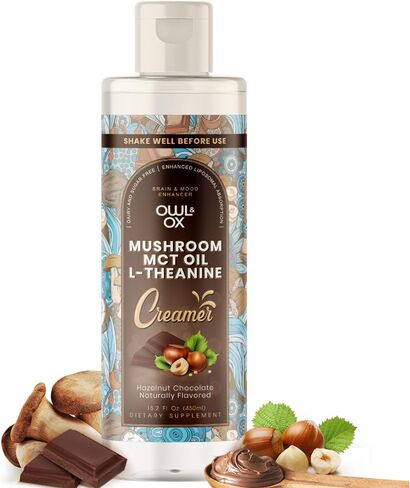 Mushroom Coffee Creamer with MCT Oil by Owl & Ox | L Theanine, Nootropic Superfood Blend, Vegan, Sugar Free, Dairy Free, Adaptogens, Plant Based & Keto Friendly, Hazelnut Chocolate, 30 Servings in Kuwait