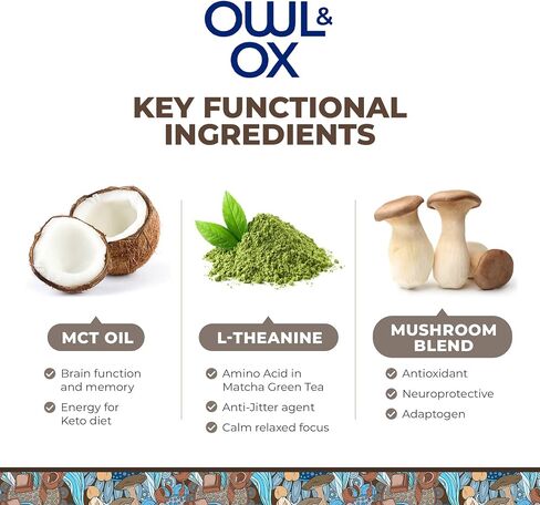 Mushroom Coffee Creamer with MCT Oil by Owl & Ox | L Theanine, Nootropic Superfood Blend, Vegan, Sugar Free, Dairy Free, Adaptogens, Plant Based & Keto Friendly, Hazelnut Chocolate, 30 Servings in Kuwait