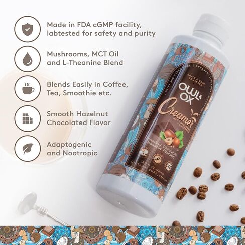 Mushroom Coffee Creamer with MCT Oil by Owl & Ox | L Theanine, Nootropic Superfood Blend, Vegan, Sugar Free, Dairy Free, Adaptogens, Plant Based & Keto Friendly, Hazelnut Chocolate, 30 Servings in Kuwait