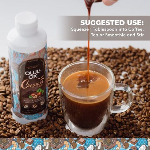 Mushroom Coffee Creamer with MCT Oil by Owl & Ox | L Theanine, Nootropic Superfood Blend, Vegan, Sugar Free, Dairy Free, Adaptogens, Plant Based & Keto Friendly, Hazelnut Chocolate, 30 Servings in Kuwait