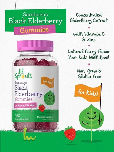Elderberry Gummies for Kids | 120 Count | Zinc and Vitamin C | Natural Berry Flavor | Vegan, Non-GMO, and Gluten Free | by Lil' Sprouts in Saudi Arabia