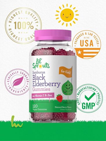 Elderberry Gummies for Kids | 120 Count | Zinc and Vitamin C | Natural Berry Flavor | Vegan, Non-GMO, and Gluten Free | by Lil' Sprouts in Saudi Arabia