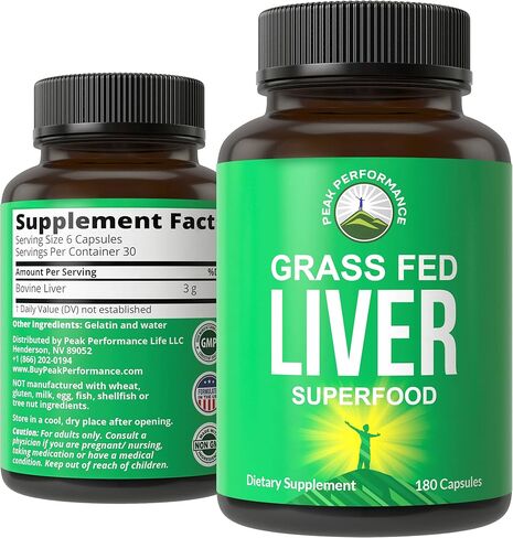 Peak Performance Grass Fed Desiccated Beef Liver Supplement 180 Capsules of Grassfed Liver Superfood Pills Contains Natural Iron, Vitamins, Amino Acids. Great for Immune Support in Saudi Arabia