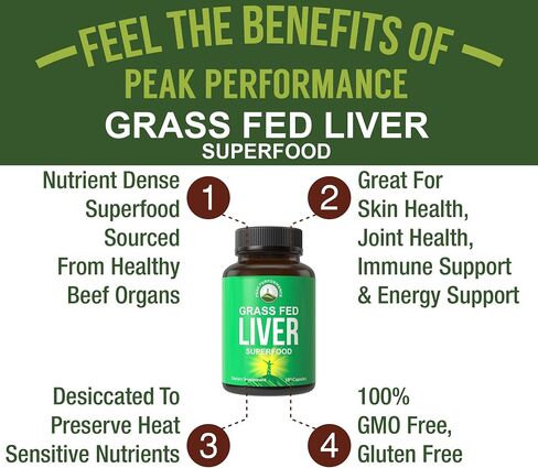 Peak Performance Grass Fed Desiccated Beef Liver Supplement 180 Capsules of Grassfed Liver Superfood Pills Contains Natural Iron, Vitamins, Amino Acids. Great for Immune Support in Saudi Arabia