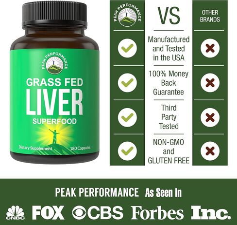 Peak Performance Grass Fed Desiccated Beef Liver Supplement 180 Capsules of Grassfed Liver Superfood Pills Contains Natural Iron, Vitamins, Amino Acids. Great for Immune Support in Saudi Arabia