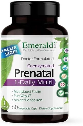 Emerald Labs 1-يومي متعدد الفيتامينات للنساء الحوامل مع أنزيم حمض الفوليك والحديد اللطيف للمساعدة في دعم نمو الدماغ والهيكل العظمي - 30 كبسولة نباتية in Kuwait