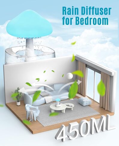 Rain Cloud Humidifier Water Drip, 2 in 1 Humidifier with Essential Oil Diffuser,450ml Cloud Humidifier Rain Drop,Mushroom Humidifier with 7 Colors for Sleeping Relaxing in Kuwait