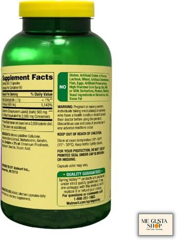 كبسولات القرفة والكروم من سبرينج فالي، مكمل غذائي، 1000 مجم، 180 قطعة (عبوة 01) + ملصق Me Gustas in Kuwait