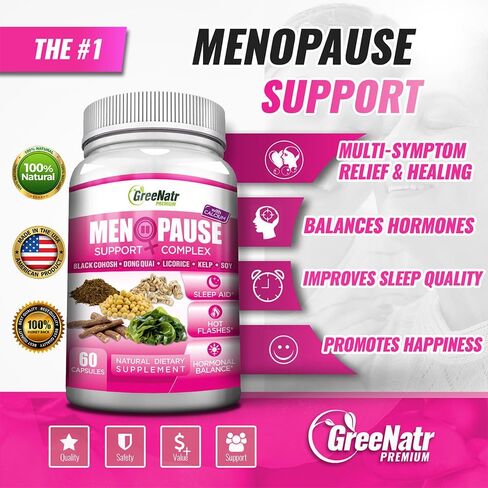 Herbal Menopause Support Complex for Hot Flashes, Night Sweats & Mood Swings Relief. Promotes Balanced Hormone Levels - Black Cohosh, Dong Quai, Licorice Root & Kelp Leaves (1 Bottle) in Saudi Arabia