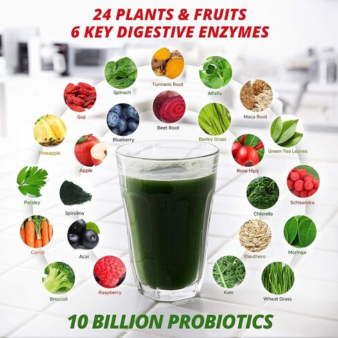 احصل على مسحوق جرينز سوبر جرينز - حصص قوية مكونة من 10 [مزيج من العصير الأخضر]، 8 مضادات أكسدة فائقة الجودة، 6 إنزيمات رئيسية، 10 مليار بروبيوتيك - لذيذ، غير معدل وراثيًا، خالي من السكر، سهل الخلط in Kuwait