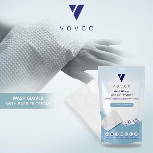 VOVEE Adult Wash Gloves for Incontinence | Disposable Body Cleansing Gloves | Unscented, Pre-moistened Wet Wipes with Barrier Cream & Dimethicone - 10 Gloves in Saudi Arabia