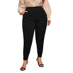 سروال نسائي طويل من Floerns بمقاس كبير وخصر مرتفع ومطوي للمكتب مع جيب in Kuwait