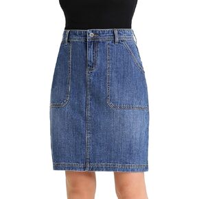 Women's Low Stretch Denim A-Line Skirt 14 Pit Stretch Corduroy Knee Length Mid Skirt Mini Denim Skirt with Pockets