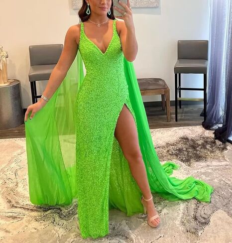 ALFEICE Women's Spaghetti Sequin Prom Dresses Sparkly V Neck Long Detachable Shoulder Formal Party Gowns with Slit in Kuwait