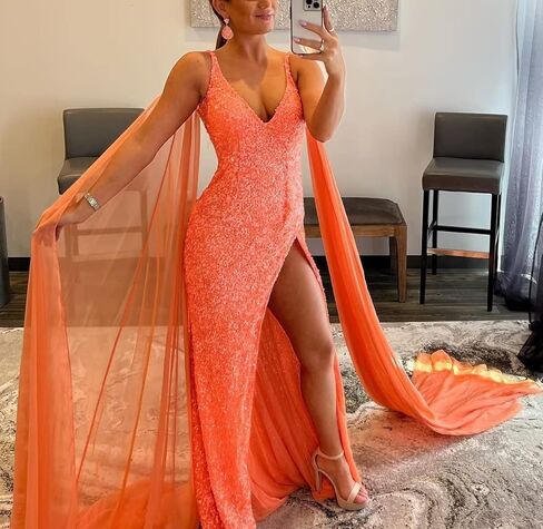 ALFEICE Women's Spaghetti Sequin Prom Dresses Sparkly V Neck Long Detachable Shoulder Formal Party Gowns with Slit in Kuwait
