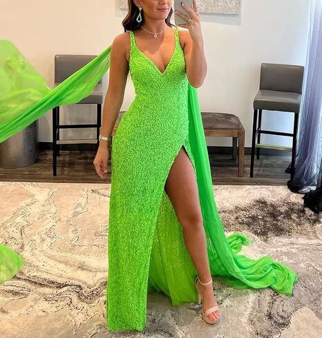 ALFEICE Women's Spaghetti Sequin Prom Dresses Sparkly V Neck Long Detachable Shoulder Formal Party Gowns with Slit in Kuwait