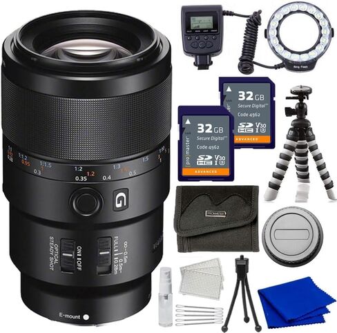 مجموعة عدسات سوني FE 90 ملم F2.8-22 Macro G OSS (SEL90M28G) مع حقيبة ظهر، بطاقة ذاكرة 128 جيجا بايت و64 جيجا بايت، حامل ثلاثي مرن، المزيد in Kuwait