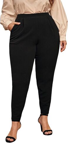 سروال نسائي طويل من Floerns بمقاس كبير وخصر مرتفع ومطوي للمكتب مع جيب in Kuwait