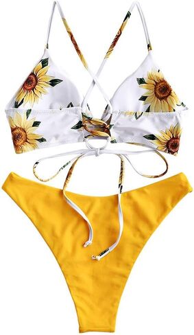ZAFUL Women's Sexy Triangle Bikini Set Floral Print Spaghetti Strap 2 Piece Swimsuit Crisscross High Cut Bathing Suit in Kuwait